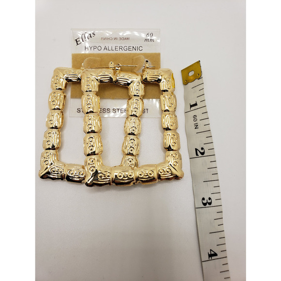 Rectangle bamboo gold earrings - Picture 4 of 5